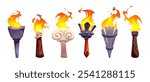 Medieval torch flame. Ancient fire stick cartoon icon for game. Hawaiian flambeau for wall. Viking wood and greek marble burn ceremony flashlight cup element collection. Old history lantern 2d kit