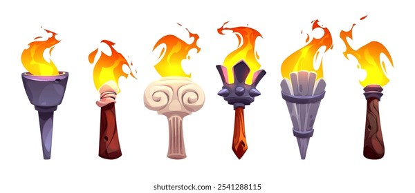 Llama de antorcha medieval. Antiguo icono de dibujos animados de palo de fuego para el juego. Flambeau hawaiano para pared. Madera vikinga y mármol griego ceremonia de quemadura linterna copa elemento colección. Antiguo kit de linterna de historia 2d