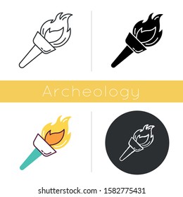 Medieval torch icon. Flambeau. Burning fire. Bright beacon. Flare, bonfire. Ancient olympic sport victory. Historical discovery. Flat design, linear and color styles. Isolated vector illustrations