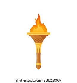 Medieval Torch, Isolated Game Asset. Ancient Flambeau With Burning Fire And Bright Sparks Glow. Flaming Torchlight Or Lighting Lantern On Wooden Decorated Handle. Cartoon Vector Illustration, Icon