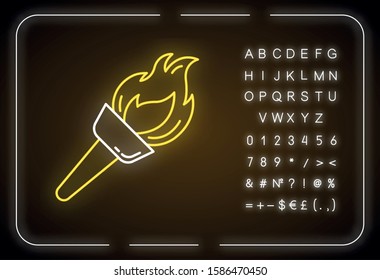 Medieval torch neon light icon. Flambeau. Burning fire. Bright beacon. Flare, bonfire. Ancient olympic sport victory. Glowing sign with alphabet, numbers and symbols. Vector isolated illustration