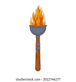 Medieval torch wooden stick and iron with flame in cartoon style isolated on white background. Antique lamp, winner symbol. ui game asset.