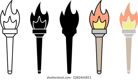 Mittelalterliche Fackeln mit brennendem Feuer. Icon Set minimalistischer Stil. Grafik-Vektorgrafik