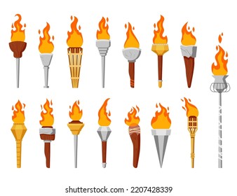 Medieval torches with burning fire set. Ancient metal and wooden brands of different shapes with flame. Cartoon elements, flaming torchlight or lighting isolated icons. Vector illustration