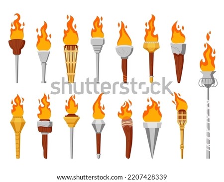 Medieval torches with burning fire set. Ancient metal and wooden brands of different shapes with flame. Cartoon elements, flaming torchlight or lighting isolated icons. Vector illustration
