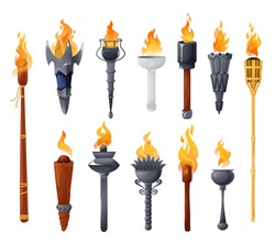 Medieval Torches With Burning Fire Vector Set. Ancient Metal And Wooden Brands Of Different Shapes With Flame. Cartoon Elements For Pc Game, Flaming Torchlight Or Lighting Flambeau Isolated Icons