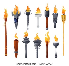 Medieval torches with burning fire vector set. Ancient metal and wooden brands of different shapes with flame. Cartoon elements for pc game, flaming torchlight or lighting flambeau isolated icons