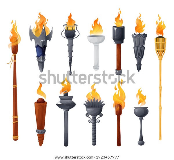 中世のたいまつに火のベクター画像セット 火で形の異なる古代の金属や木のブランド Pcゲーム用のカートーンエレメント 炎のトーチライト または明るいフラムボーのアイコン のベクター画像素材 ロイヤリティフリー