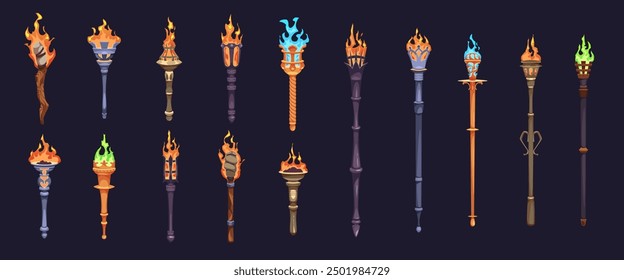 Medieval torches. Cartoon game assets tools, ancient wooden and metal different torches with burning flames, ancient castle lights on sticks, bonfire mobile game ui elements, tidy vector set