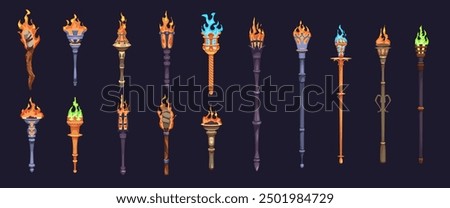 Medieval torches. Cartoon game assets tools, ancient wooden and metal different torches with burning flames, ancient castle lights on sticks, bonfire mobile game ui elements, tidy vector set