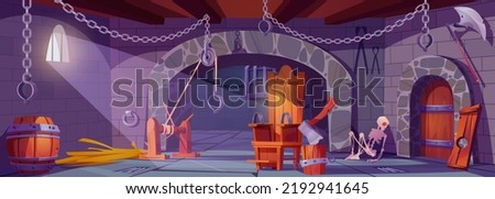 Medieval torture cell, cartoon illustration. Stone castle dungeon with human skeleton, sharp axe, wooden chair with iron shackles, metal chains hanging on walls and ceiling. Vector interior design