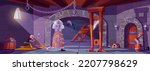 Medieval torture room with executioner tools in dungeon interior. Guillotine, metal chain, iron woman and axe instruments for punishment in underground prison with skeleton Cartoon vector illustration