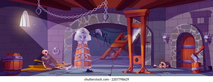 Medieval torture room with executioner tools in dungeon interior. Guillotine, metal chain, iron woman and axe instruments for punishment in underground prison with skeleton Cartoon vector illustration