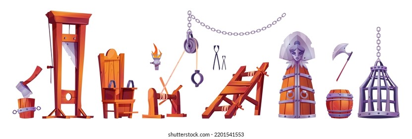 Medieval torture room items and executioner tools. Scaffold, torment chair, metal hanging cage, iron woman and axe torturer instruments for punishment isolated on white background Cartoon vector set