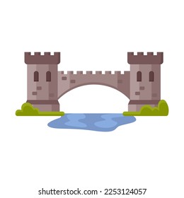 Medieval tower cartoon illustration. Castle or palace with gates, old historic fort with flag, fairy tale building, element for computer game. Fantasy, ancient architecture concept