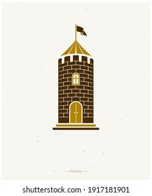 Medieval tower decorative isolated vector illustration. Retro style label, heraldry illustration. Ornate Citadel logotype on isolated white background.