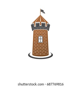 Medieval tower decorative isolated vector illustration. Ancient Fort logo in old style isolated on white background.