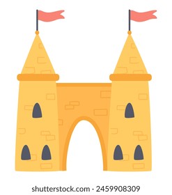 Medieval tower with flags in flat design. Fairytale decoration at park. Vector illustration isolated.