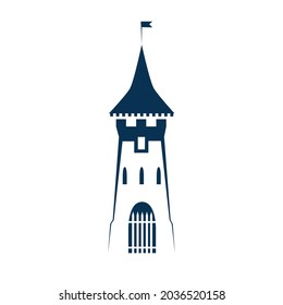 Icono de torre medieval con ventanas, bandera y puertas. Icono del vector aislado en fondo blanco. Silhouette de arquitectura antigua.