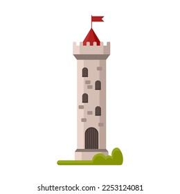 Medieval tower illustration. Castle or palace with gates, old historic fort with flag, fairy tale building, element for computer game. Fantasy, ancient architecture concept