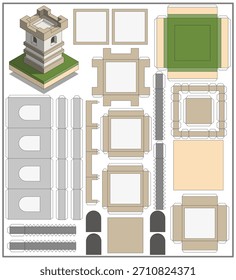 Torre medieval.  Um conjunto para fazer um modelo em papel. Isolado no fundo branco. Ilustração vetorial.