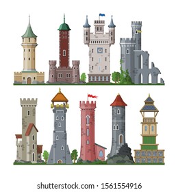 Medieval tower vector cartoon castle fairytale of fantasy palace building in kingdom fairyland illustration set of historical fairy-tale house isolated on white background.