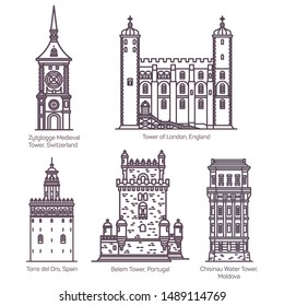 Medieval towers in thin line of Moldova and Spain, Switzerland and Portugal, UK or England. Torre del Oro and Belem, Zytglogge medieval tower, London and Chisinau. European architecture buildings