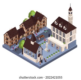 Medieval town architecture isometric concept with tower church and house vector illustraion