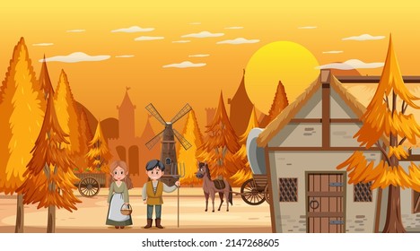 Medieval town cartoon scene with villagers illustration