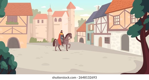 Cidade medieval com torres de castelo e casas de meia madeira, cavalo cavaleiro montando na rua velha da cidade, fundo de vetor de desenhos animados para o jogo ou o livro de histórias.