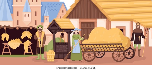Medieval town composition with outdoor scenery of vintage town street with houses wagons and human characters vector illustration