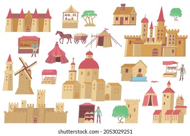 Conjunto de íconos aislados de pueblo medieval con castillos de pared de la ciudad y tiendas de campaña con personas locales ilustración vectorial