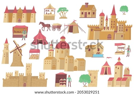 Medieval town flat set of isolated icons with city wall castles and tents with local people vector illustration