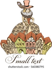 Medieval town and girl in period costume. Vector illustration