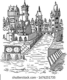 Medieval town of the Holy Roman Empire in 1491, it shows the holy roamn empire in three different images in it, vintage line drawing or engraving 