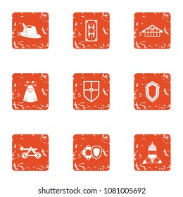 Medieval town icons set. Grunge set of 9 medieval town vector icons for web isolated on white background