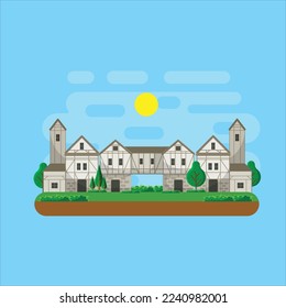 Ilustraciones de la ciudad medieval y dibujos animados de diseño plano
