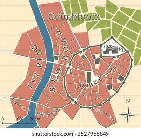 Medieval town imaginary vector map. Old style fantasy setting map for novels or role playing games.