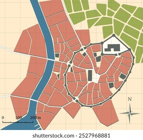 Medieval town imaginary vector map. Old style fantasy setting map for novels or role playing games.