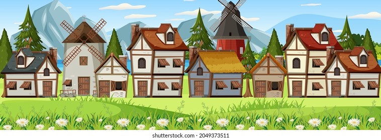 Medieval town landscape scene  illustration