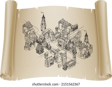 A Medieval Town Map Illustration In A Vintage Retro Engraved Woodcut Etching Style