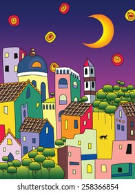 Medieval town at night