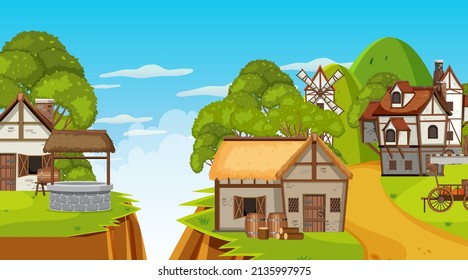 Ilustración de fondo de la escena de la ciudad medieval