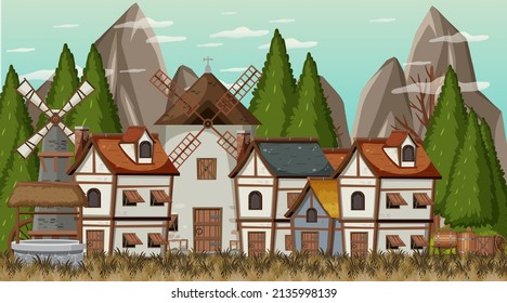 Medieval Town Scene Background Illustration