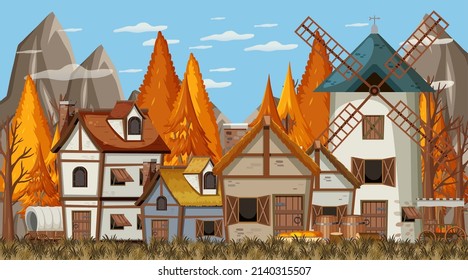 Medieval Town Scene Background Illustration