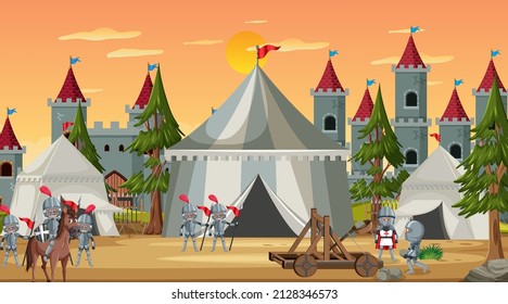 Medieval town scene camp with tents and castle illustration