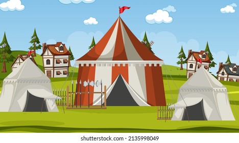 Medieval town scene  camp with tents illustration