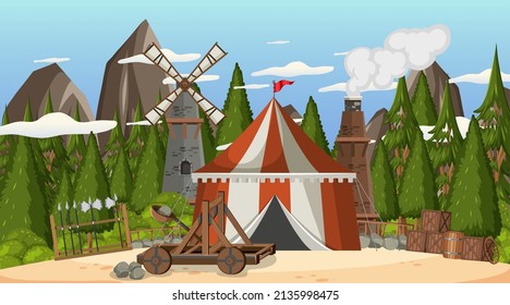 Medieval town scene camp with tents and mountain illustration