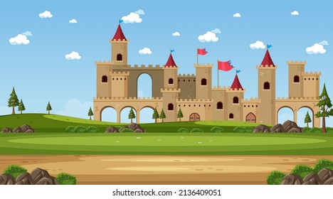 Medieval town scene in cartoon style illustration