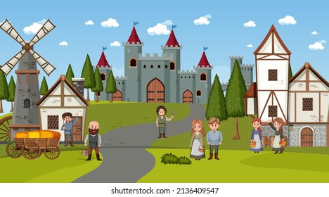 Escena de pueblo medieval en ilustración de estilo caricaturista